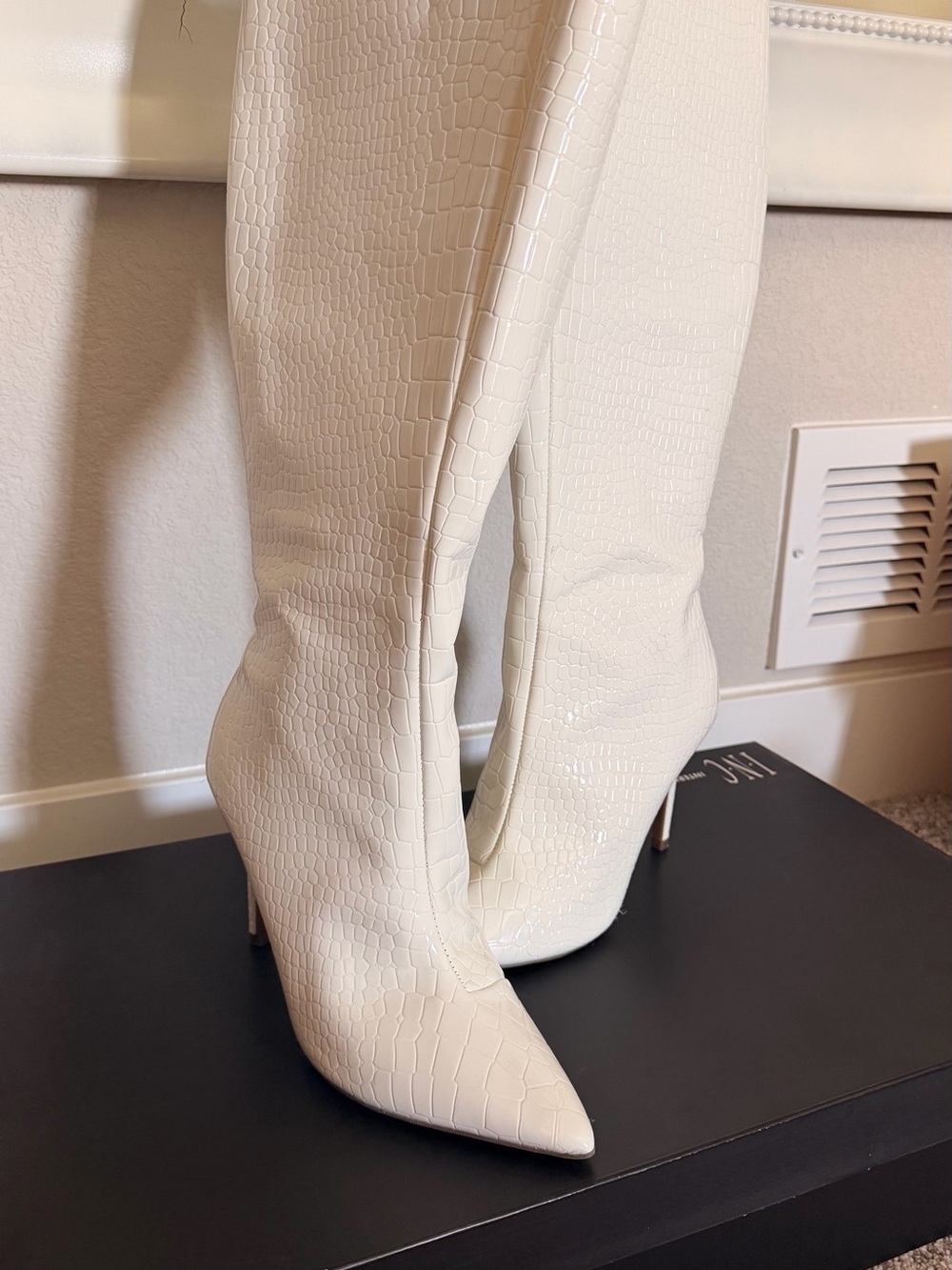 INC International Concepts White Croc-Embossed Pointed Toe Knee Boots - Picture 1 of 7